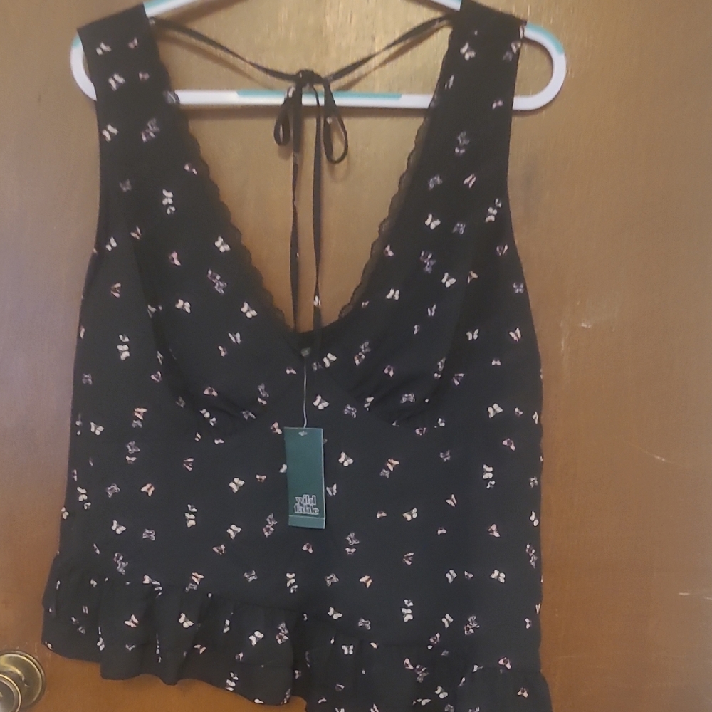 Wild Fable Black Top with Pink Butterfly Print